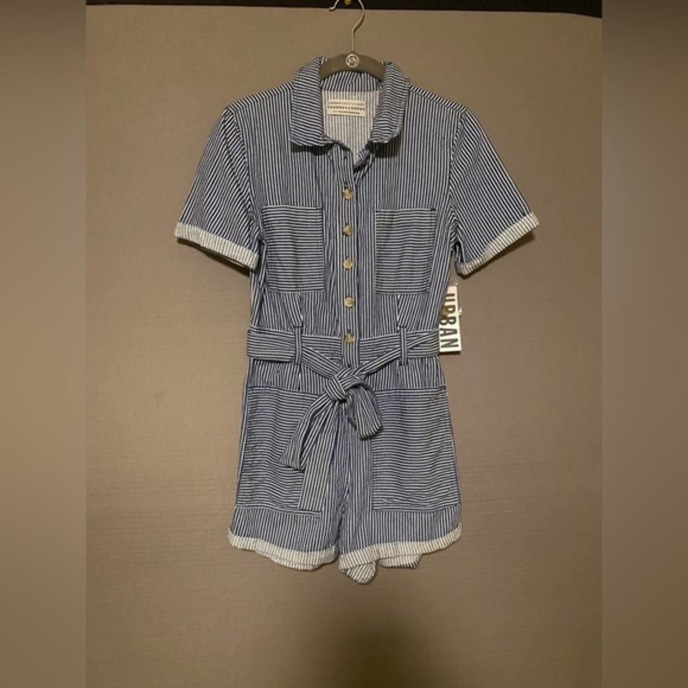 Urban Outfitters Blue and White Striped Short-Sleeve Romper